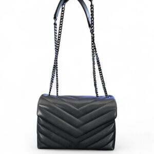 Black Leather Chevron Gun Metal Shoulder Bag